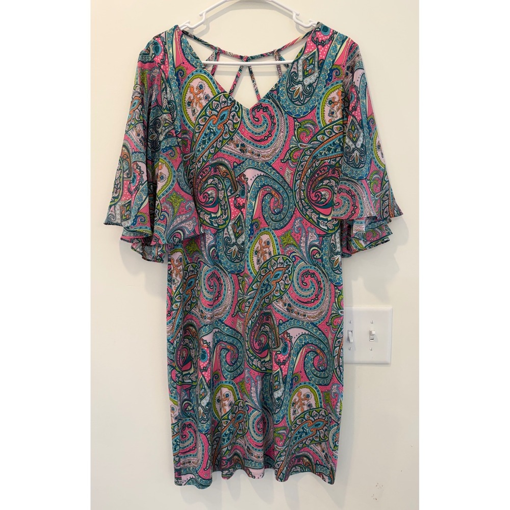 Ivy Lane Womens Pink Blue Paisley Strappy Back Flutter Sleeve Shift Dress Size M
